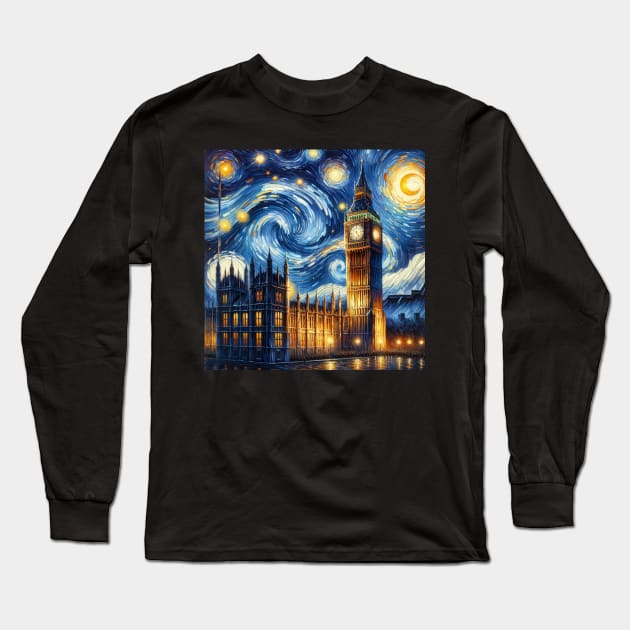 Big Ben Tower Starry Night - Beautiful Iconic Places Long Sleeve T-Shirt by Edd Paint Something